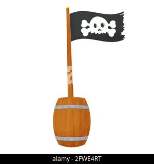 Piratenfahne mit Totenkopf und Kreuzknochen auf Holzstab im Fass im Cartoon-Stil flache Ikone, Knochen-Shape-Label, Web-Band, App-Emblem Illustration si Stock Vektor