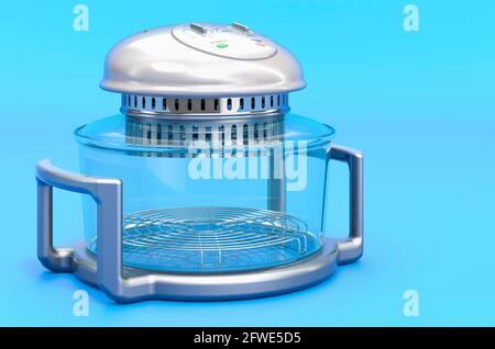 Elektrischer Multifunktions-Backofen für Luftfryer auf blauem Hintergrund, 3D-Rendering Stockfoto