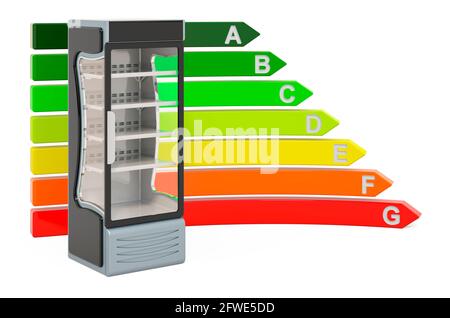 Kühlsystem mit eintürig verglaster Anzeige für Getränke mit Energieeffizienztabelle, 3D-Darstellung isoliert auf weißem Hintergrund Stockfoto