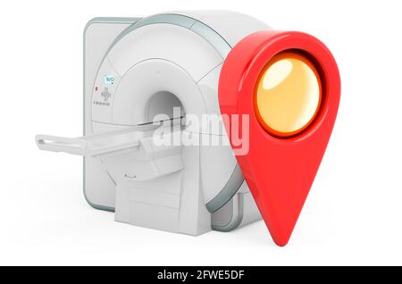 Kartenzeiger mit MRT-Magnetresonanztomographie-Scanner, 3D-Rendering isoliert auf weißem Hintergrund Stockfoto