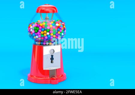 Gumball-Maschine, Gummidispenzer auf blauem Hintergrund, 3D-Rendering Stockfoto