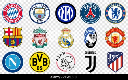 Vinnytsia, Ukraine - 19. Mai 2021 Logo der europäischen Fußballvereine auf transparentem Hintergrund isoliert. Bayern München, Manchester City, Inter Mailand, Paris Stock Vektor