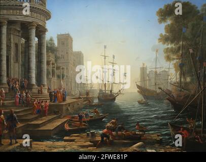 Hafen mit der Einschiffung von Saint Ursula durch den französischen Maler Claude Lorrain in der National Gallery, London, Großbritannien Stockfoto