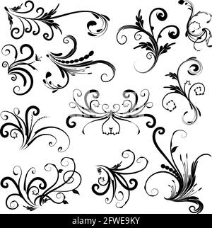 Kalligrafische Dekorationselemente mit Linien und Blatt und Blumen Schmetterling Stockfoto