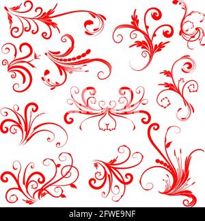 Kalligrafische Dekorationselemente mit Linien und Blatt und Blumen Schmetterling Stockfoto