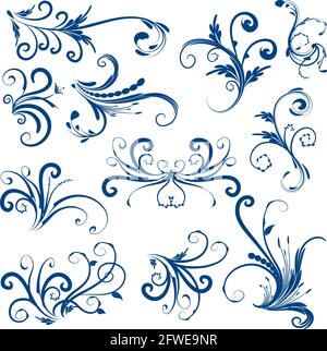 Kalligrafische Dekorationselemente mit Linien und Blatt und Blumen Schmetterling Stockfoto