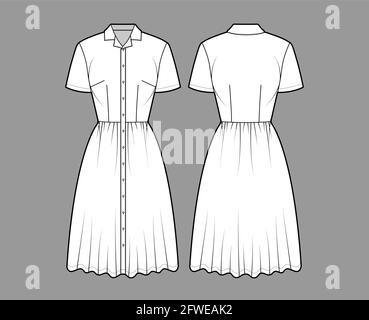 Kleid Hemd technische Mode Illustration mit kurzen Ärmeln, Camp Kragen, taillierten Körper, knielangen Rock, Knopfverschluss. Flatwear vorne, hinten, in weißer Farbgebung. Frauen, Unisex-CAD-Modell Stock Vektor