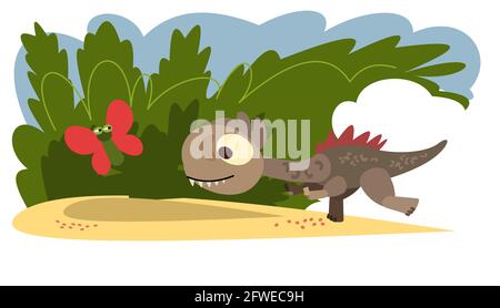 Baby Dinosaurier spielen mit einem Schmetterling. Das isolierte Objekt auf weißem Hintergrund. Fröhliche Kind Tier. Cartoons im flachen Stil. Prähistorisch Stock Vektor