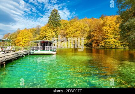 Schöner türkisfarbener See und farbenprächtiger Orangenwald in der Herbstsaison in Plitvice, Kroatien Stockfoto