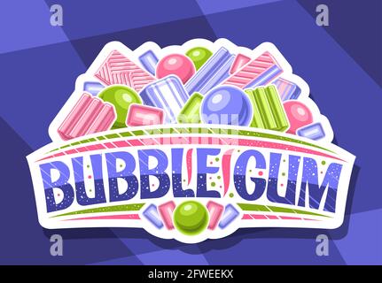 Vektor-Logo für Bubble Gum, dekorativ geschnittenes Papier Schild mit Abbildung von verschiedenen bunten Bubblegums und Süßigkeiten, weißes Abzeichen mit einzigartigen Pinsel Stock Vektor