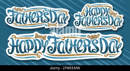 Vektor-Set für Vatertag, schneiden Papier-Logos mit gelockter kalligrafischer Schrift und dekorativen Wirbeln, braune Fliege und Schnurrbart, einzigartige Pinsel-Schriftzug f Stock Vektor