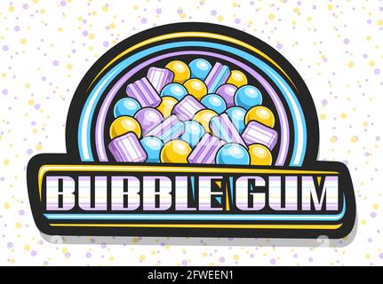 Vektor-Logo für Bubble Gum, schwarzes dekoratives Schild mit Abbildung von verschiedenen bunten Bubblegums und Süßigkeiten, dunkles Abzeichen mit einzigartigem Pinsel lett Stock Vektor
