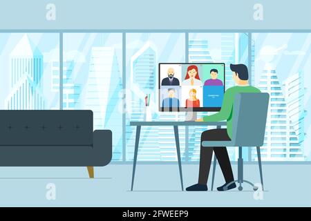 Der Mann im Büro und die Mitarbeiter auf dem Desktop-Monitor, die an der Online-Konferenz teilnehmen. Virtuelles Arbeitstreffen und Fernschulungs-Webinar oder Videokonferenzen. Web-Videokonferenzkommunikation des Unternehmens Stock Vektor
