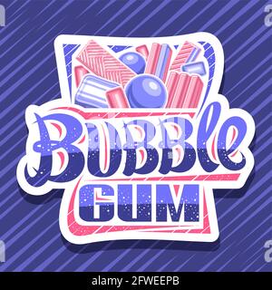 Vektor-Logo für Bubble Gum, dekorativ geschnittenes Papier-Schild mit Darstellung verschiedener Bubblegums und Bonbons, weißes Abzeichen mit einzigartigem Pinselbuchstaben Stock Vektor