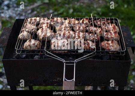 Grill von Schweinefleisch, Schisch Kebab Stücke auf Metall offenen Metall Grill Braten auf Kohlen auf der Natur Stockfoto