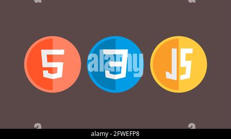 HTML5 CSS3 JS-Symbolsatz. Web-Entwicklung Logo Icon Set von HTML, css und javascript, Programmierung Symbol Stock Vektor