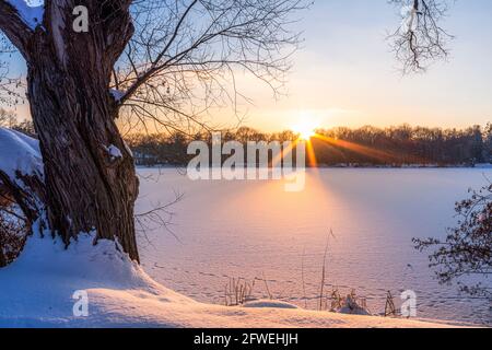 Sonnenuntergang im tiefen Winter am Schwanenteich in Zwickau, Sachsen Stockfoto