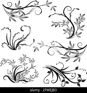 Kalligrafische Dekorationselemente mit Linien und Blatt und Blumen Schmetterling Stockfoto