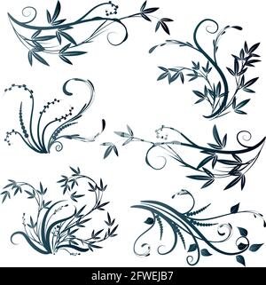 Kalligrafische Dekorationselemente mit Linien und Blatt und Blumen Schmetterling Stockfoto