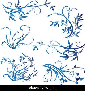 Kalligrafische Dekorationselemente mit Linien und Blatt und Blumen Schmetterling Stockfoto