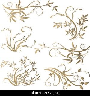 Kalligrafische Dekorationselemente mit Linien und Blatt und Blumen Schmetterling Stockfoto
