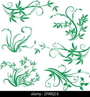 Kalligrafische Dekorationselemente mit Linien und Blatt und Blumen Schmetterling Stockfoto