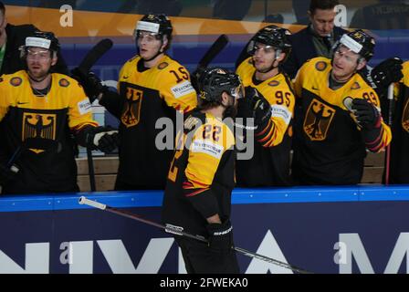 Riga, Lettland. Mai 2021. Eishockey: Weltmeisterschaft, Vorrunde, Gruppe B, Norwegen - Deutschland. Deutschlands Matthias Plachta. Quelle: Roman Koksarov/dpa/Alamy Live News Stockfoto