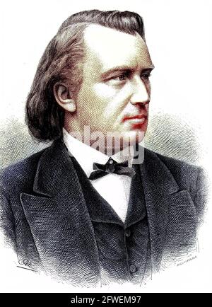 Johannes Brahms, 1833-1897, ein deutscher Komponist und Pianist der Romantik / Johannes Brahms, 1833-1897, deutscher Komponist und Pianist der Romantik, historisch, historisch, digital verbesserte Reproduktion eines Originals aus dem 19. Jahrhundert / digitale Reproduktion einer Originalvorlage aus dem 19ten Jahrhundert. Jahrhundert, Originaldatum nicht bekannt, koloriert, handcoloriert, Koloration Stockfoto