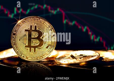 Bitcoin. Gefahren und Risiken von Investitionen in Bitcoin, Spekulation. Negative Tendenz. Index im roten Bereich. Stockfoto