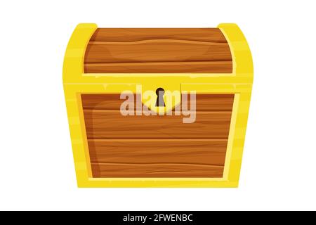 Geschlossene Kommode aus Holz mit goldenen Verzierungen im Cartoon-Stil auf weißem Hintergrund isoliert. UI Spiel Asset, Element, Clip Art. Antike Container für tre Stock Vektor