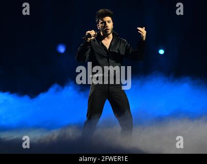 Rotterdam, Niederlande. Mai 2021. Sänger Blas Canto (Spanien) tritt beim Eurovision Song Contest (ESC) Jury Finale in der Ahoy Arena auf. Quelle: Soeren Stache/dpa-Zentralbild/dpa/Alamy Live News Stockfoto