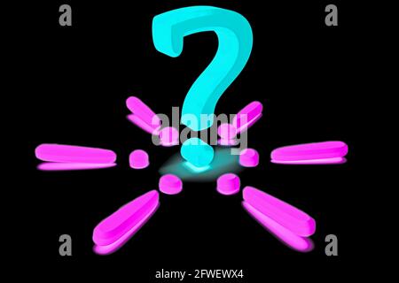 Ein blaues neonfarbenes Fragezeichen in der Mitte von rosa Ausrufezeichen auf dem Boden, 3d-Illustration isoliert auf schwarzem Hintergrund. Entspannungskonzept: Qu Stockfoto