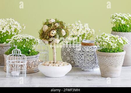 Schöne Osterdekoration mit Blumen, Moos und Kerzen. Partydekor Stockfoto