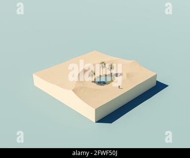 Isometrische Darstellung einer Wüste mit einem kleinen See und einer Person im Anzug, die auf dem Sand läuft. 3d-Rendering Stockfoto