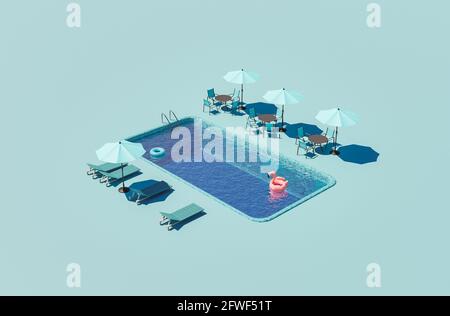 Isometrische Darstellung eines Hotelpools mit Sonnenschirmen und Hängematten. Sommerkonzept. 3d-Rendering Stockfoto