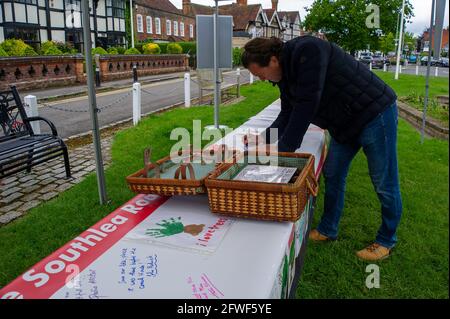 Datchet, UK. Mai 2021. Anwohner unterzeichneten heute ein riesiges Banner, da sie wütend sind, dass Planungsbeamte aus dem Royal Borough of Windsor und Maidenhead Direct Line die Erlaubnis erteilt haben, einen beliebten 170 Jahre alten Wellingtonia-Baum im Dorf Datchet zu fallen. Der Baum hat einen TPO und befindet sich in einem geschützten Schutzgebiet neben der Themse. Der Baum soll an einer Absenkung auf einem nahegelegenen Grundstück beteiligt sein, aber es besteht Zweifel daran, dass dies die Hauptursache ist. Es stehen Lösungen zur Lösung der Absenkung zur Verfügung, wodurch der Baum gerettet werden könnte. Kredit: Maureen Mc Stockfoto