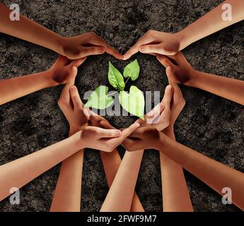 Erdtag Liebe und Landwirtschaft unterstützen oder Ökologie Einheit als Herzhände in einer Gruppe von Menschen miteinander verbunden geformt als unterstützendes Symbol helfen. Stockfoto