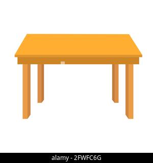 Holztisch auf weißem Hintergrund. Braunes einfaches Tischschild. Tisch mit vier Beinen Symbol. Flacher Stil. Stockfoto