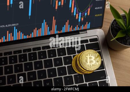 Nahaufnahme Bitcoin auf Laptop auf dem Tisch zu Hause, Kryptowährung Gewinn und Einkommen aus der Investition in Aktien zu tauschen Krypto und zahlen in finanziellen t kaufen Stockfoto