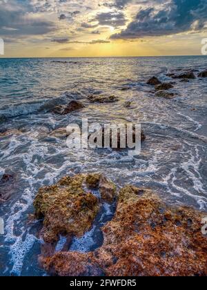 Felsige Küste von Caspersen Beach in Venedig Florida USA mit Ein gelb-oranger Sonnenuntergang über dem Golf von Mexiko Stockfoto