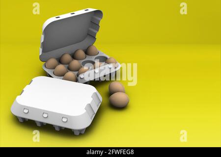 Huhn braune Eier in Karton-Box isoliert auf farbigem Hintergrund.3D-Rendering. Geeignet für Ihr Element Design.Kopieplatz für Text hinzugefügt. Stockfoto