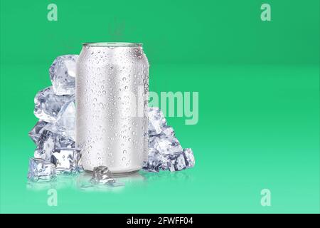 Blechdosen und Eiswürfel auf farbigem Hintergrund.3d-Rendering, passend für Ihr Design-Element. Stockfoto