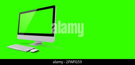 Mockup Bild von White Desktop-pc mit leerem grünen Bildschirm auf grünem Hintergrund. Geeignet für Ihr Design-Element. Stockfoto