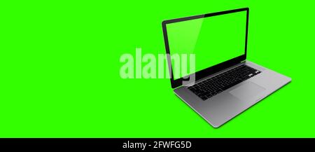 Mockup Bild von 3D-Rendering White Laptop oder Notebook-pc mit leerem grünen Bildschirm auf grünem Hintergrund. Geeignet für Ihr Design-Element. Stockfoto