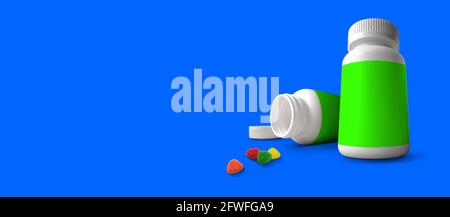 Glas mit medizinischen Kapseln, Tabletten, Pillen, Gele oder Süßigkeiten. 3D-Rendering. Passend für Ihr Designelement. Isoliert auf blauem Hintergrund. Stockfoto