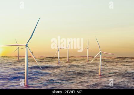 Windturbinen werden im Ozean betrieben, große Windmühle im See oder Ozean mit Sonnenuntergangszeit, 3d-Darstellung Stockfoto