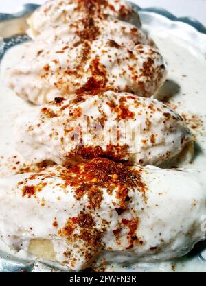 Dahi vada oder bhalla ist eine Art von Chaat aus dem indischen und beliebt in ganz Südasien. Es wird durch Einweichen vadas in dicken Dahi or vorbereitet Stockfoto