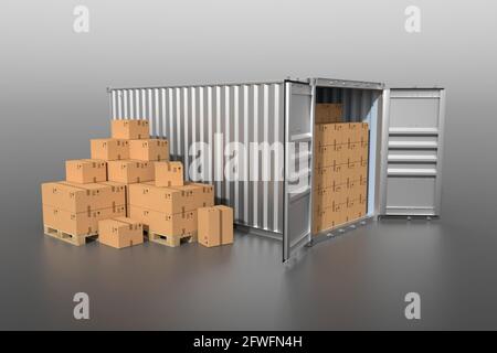 Frachtschiffcontainer Seitenansicht mit Pappkartons 3D-Illustration Stockfoto