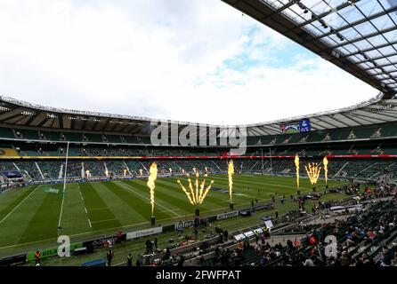 London, England, 22. Mai 2021, Rugby Union, Heineken Champions Cup Final, La Rochelle gegen Toulouse, Twickenham, 2021, 22/05/2021 Gesamtansicht des Stadions ab Toulouse Eintritt ins Spielfeld Credit:Paul Harding/Alamy Live News Stockfoto