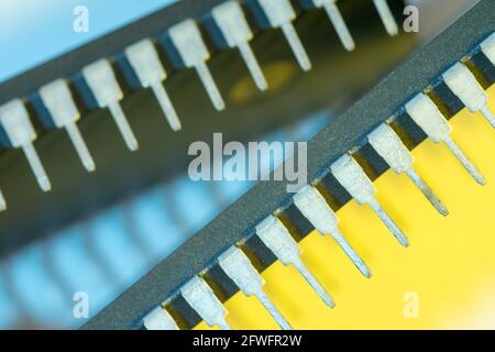 Makroaufnahme der Stiftschaltungen des Halbleiters PIC16F77-I/P von Microchip Technology. Für Elektronik abstrakt, Industriekomponenten abstrakt. Stockfoto